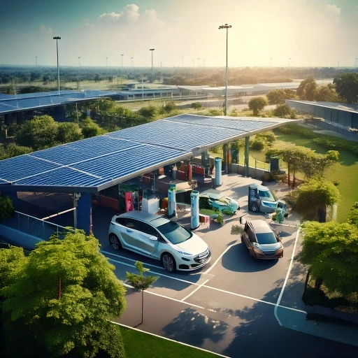 Modern electric vehicle charging stations in India with solar-powered infrastructure and EVs charging.”