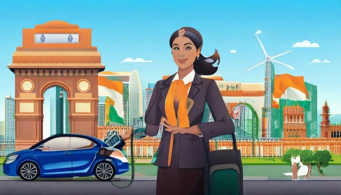 “Government policies supporting EV Charging Infrastructure in India with Parliament building, electric vehicles, and solar-powered charging stations.”